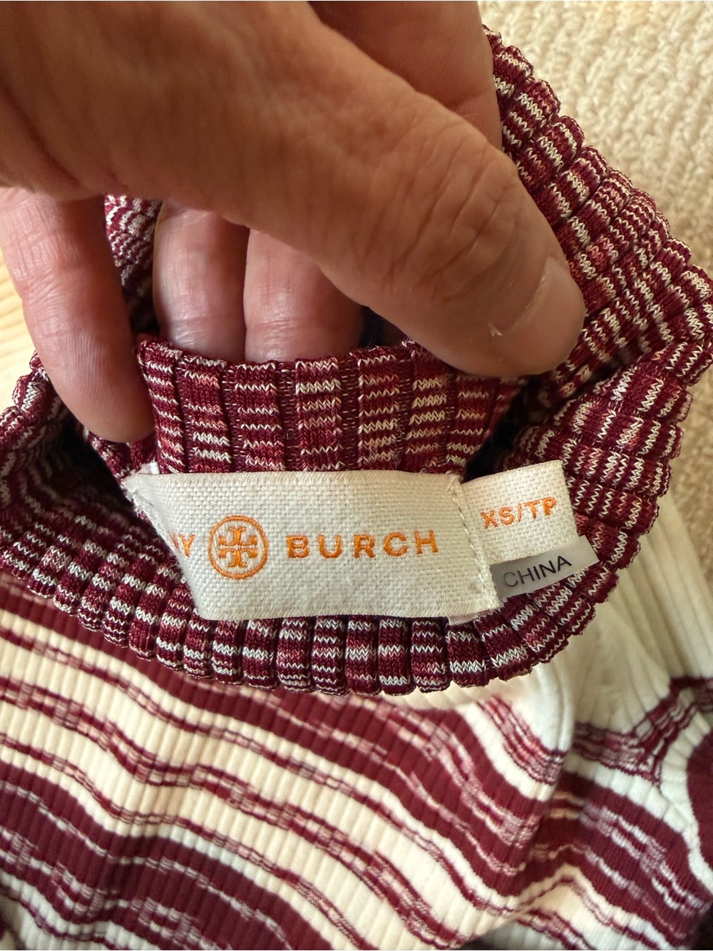 Tory Burch  Burgundy and White Striped Turtleneck Sweater - Picture 3 of 4